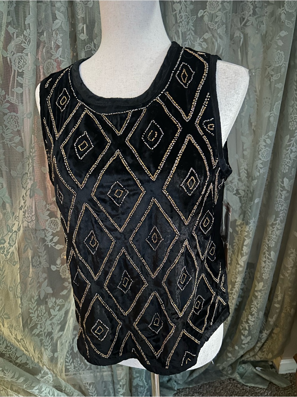 Velvet Beaded Black Sleeveless Tank Top